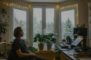 Person sitter vid skrivbord med växter och skog utanför fönstret